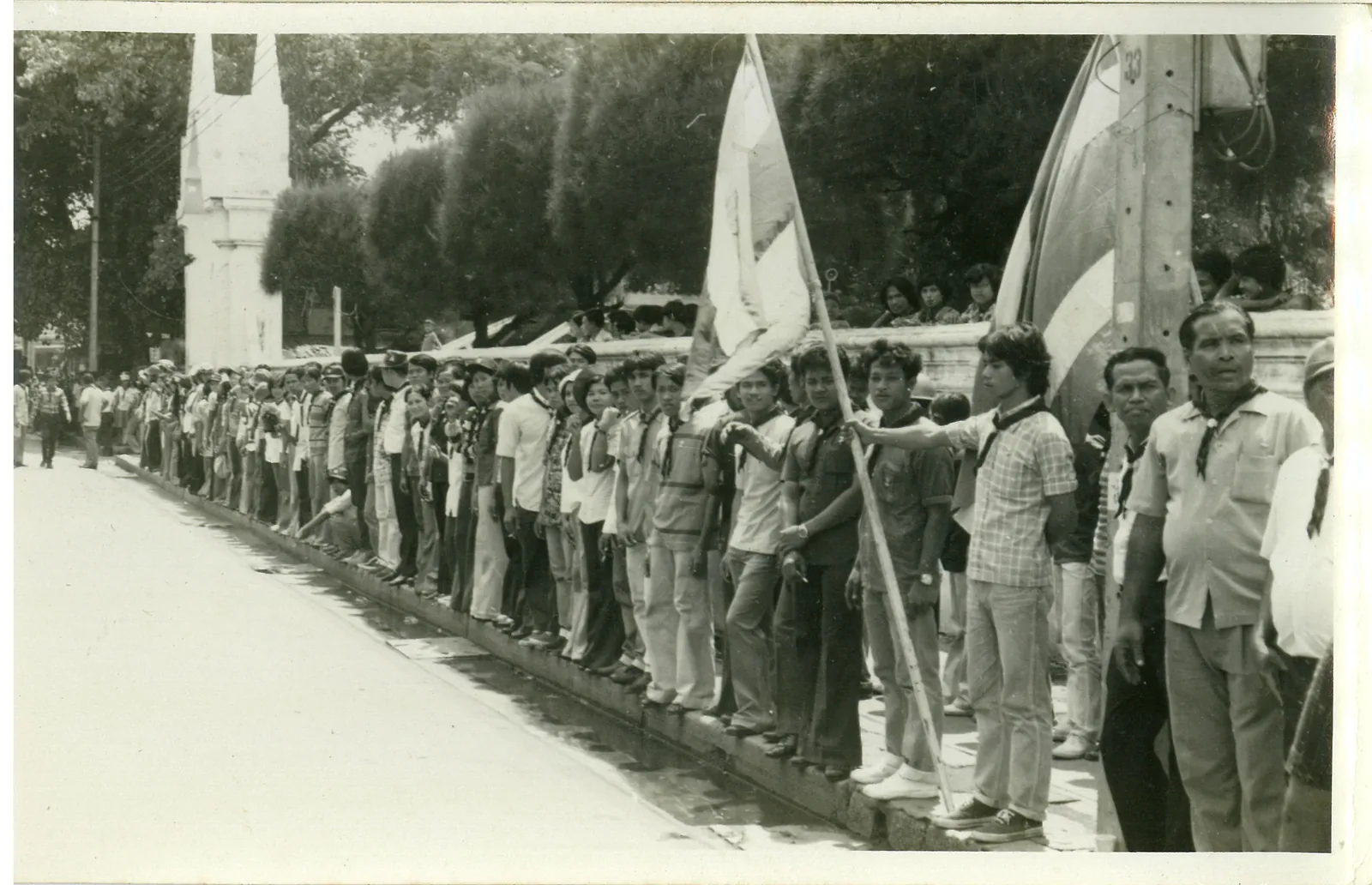 Village Scouts in neckerchiefs stand in a long line along a road, some holding flags.