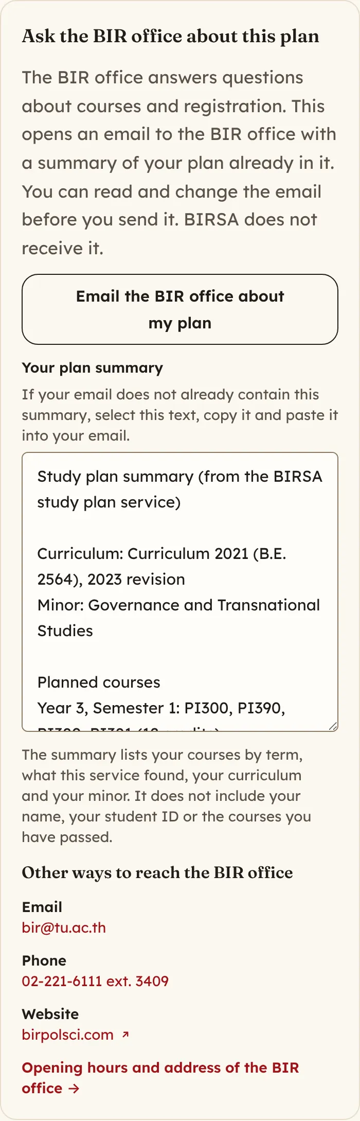 The Ask the BIR office about this plan panel, with an Email the BIR office about my plan button, a plan summary, and the BIR office email address and phone number.