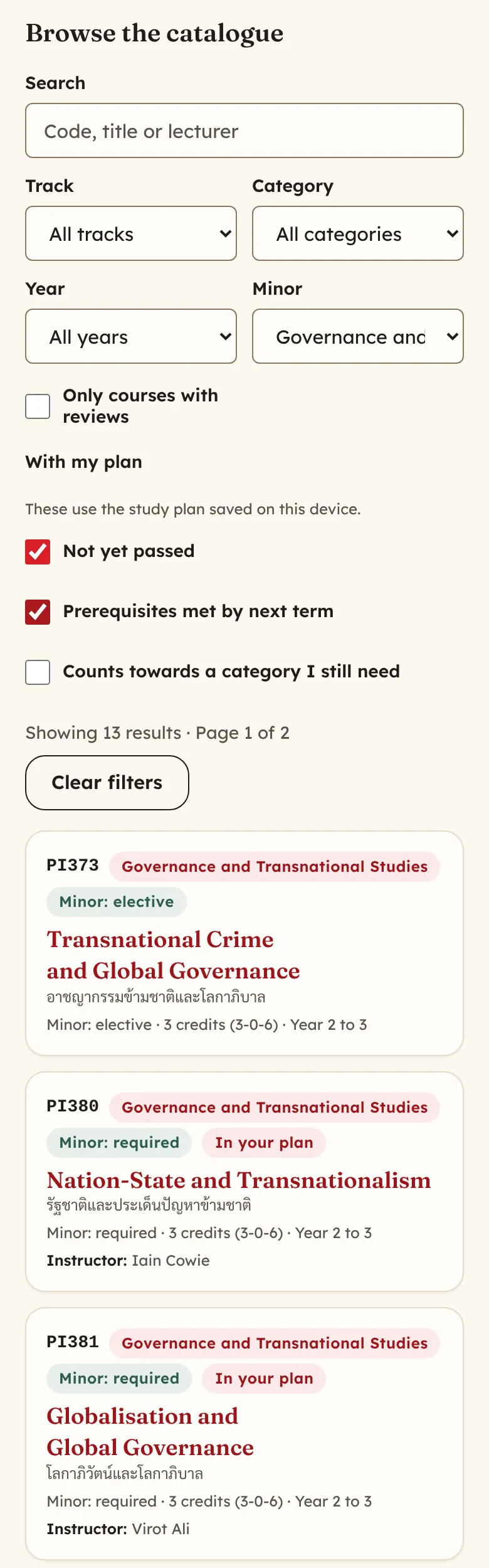 The course catalogue with the Minor filter set to Governance and Transnational Studies. The With my plan filters Not yet passed and Prerequisites met by next term are ticked, and the page shows 13 results.