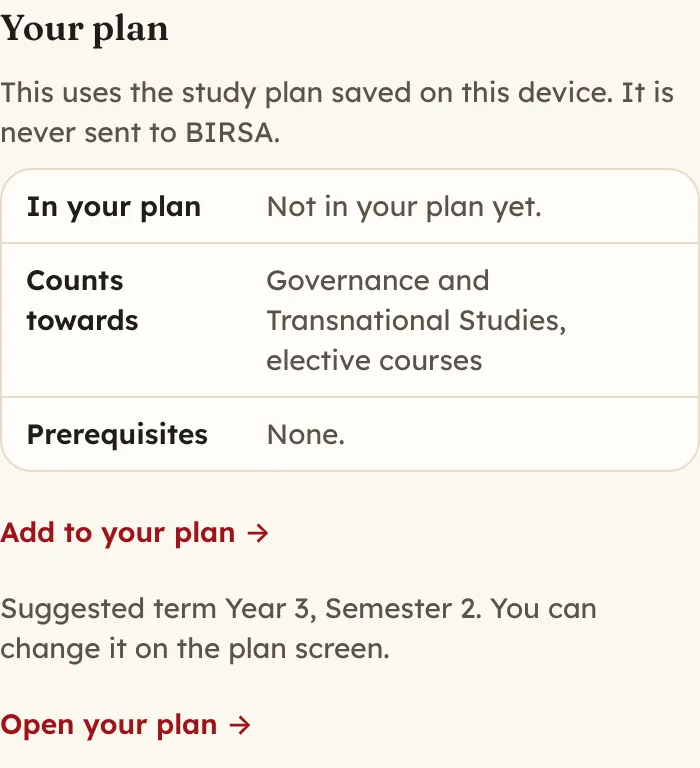 The Your plan panel on the PI383 course page. It says the course is not in the plan yet, counts towards Governance and Transnational Studies elective courses and has no prerequisites. It offers an Add to your plan link with a suggested term of Year 3, Semester 2.