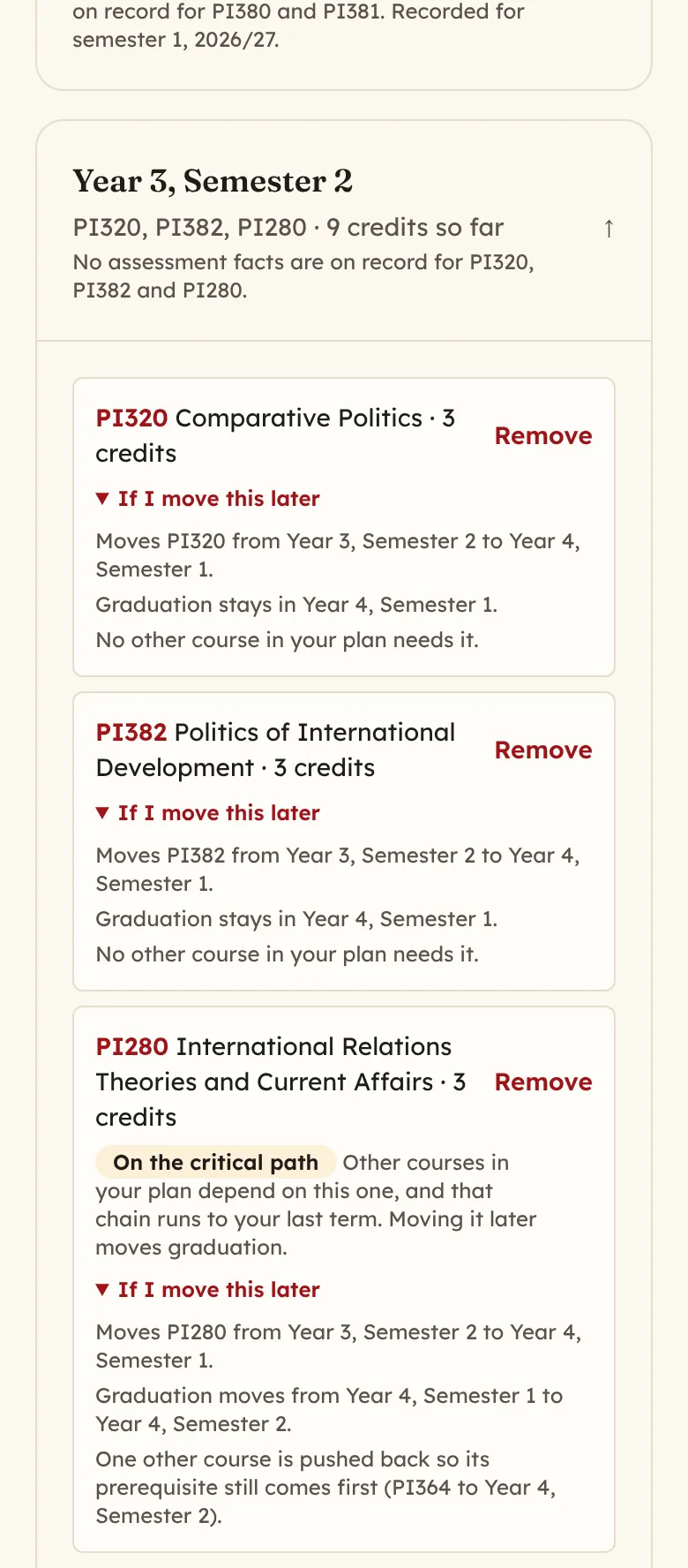 The open Year 3, Semester 2 term. PI280 carries the mark On the critical path, and its If I move this later panel says graduation would move from Year 4, Semester 1 to Year 4, Semester 2.