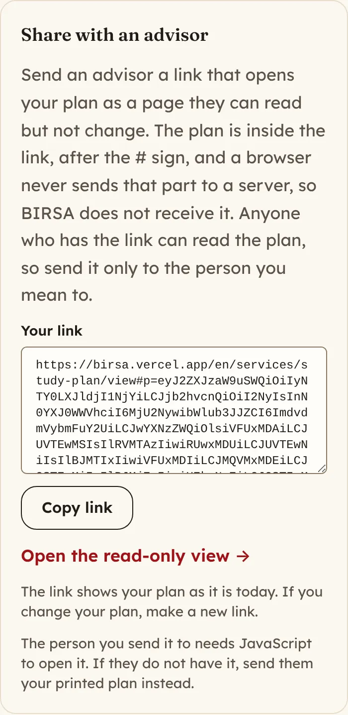 The Share with an advisor panel, with a read-only link, a Copy link button and an Open the read-only view link.