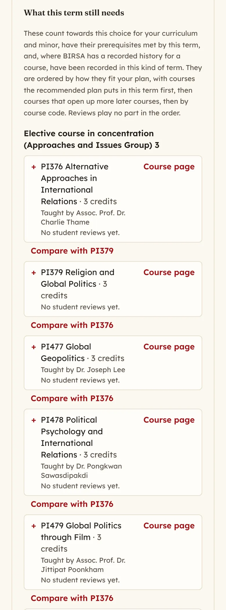 The What this term still needs panel for Year 4, Semester 1. It lists elective courses with their credits and instructors, and each course has a Course page link and a Compare link.